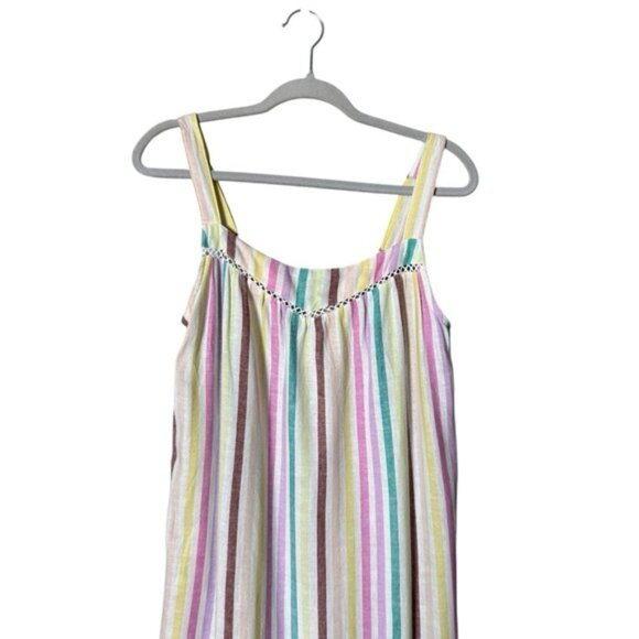 Cottagecore Linen Maxi Dress Large Rainbow Beachy Striped Ruffle Feminine Pastel - Picture 2 of 11